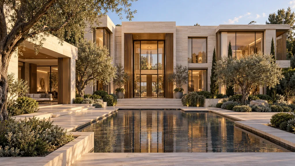 Architectural visualization of the AUREL Estate concept: a broad two-story limestone residence with full-height glass, bronze-framed entry, olive trees and a reflecting pool at golden hour.