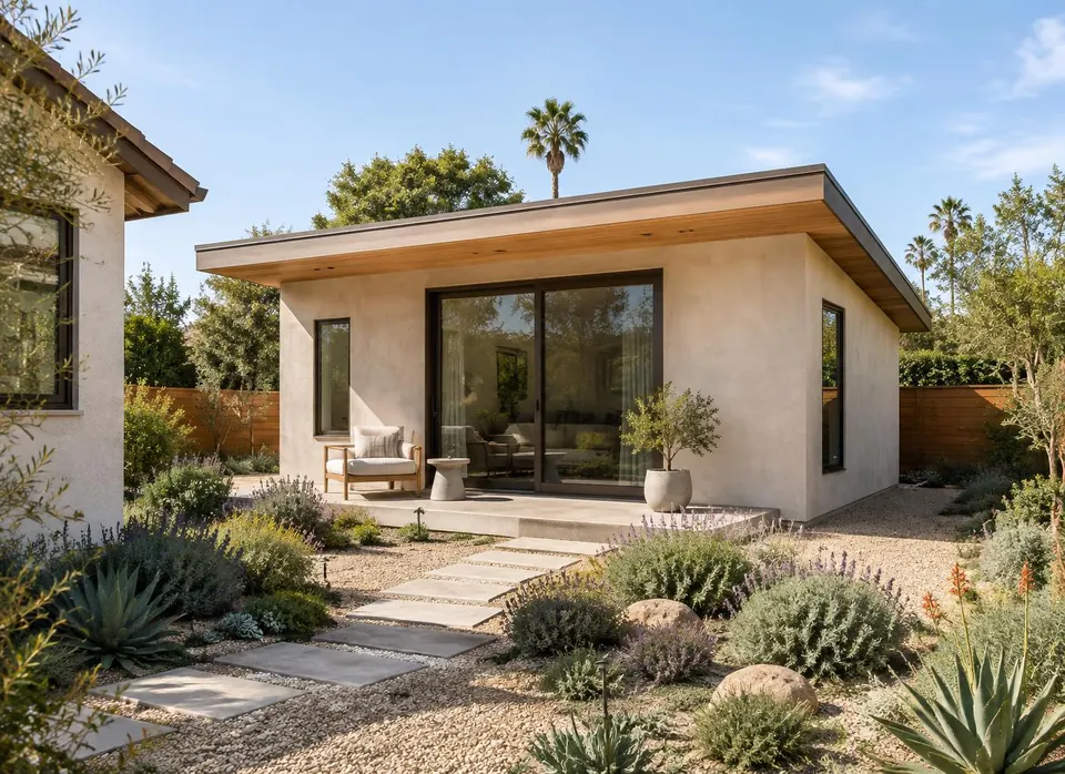 Design visualization of a detached one-story ADU with a shaded terrace in a planted backyard