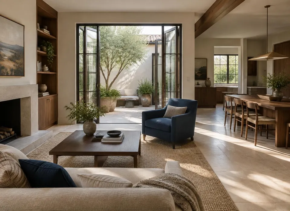 Design visualization of living and dining rooms opening onto a planted courtyard