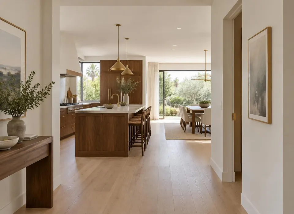 Design visualization from a hallway through a kitchen and dining room toward a garden