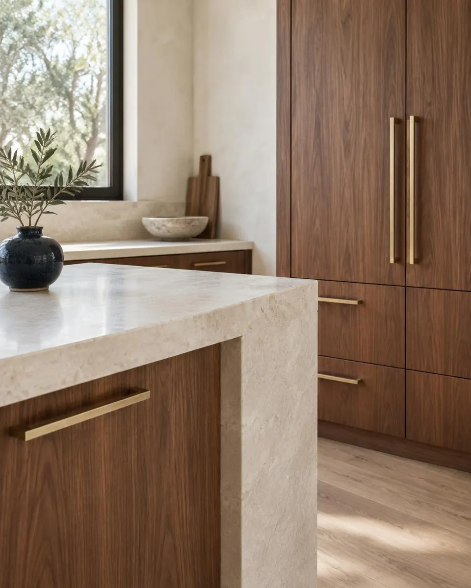 Design visualization of pale stone counters, walnut cabinets and brass hardware