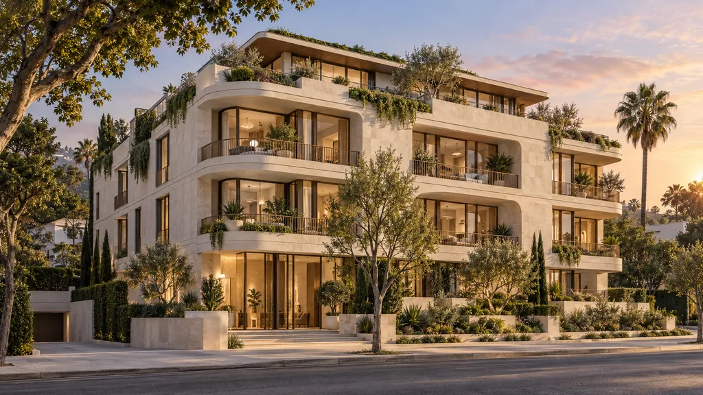 Architectural visualization of the MIRA Residences concept: a four-story ivory building with rounded balconies, bronze windows and planted terraces.
