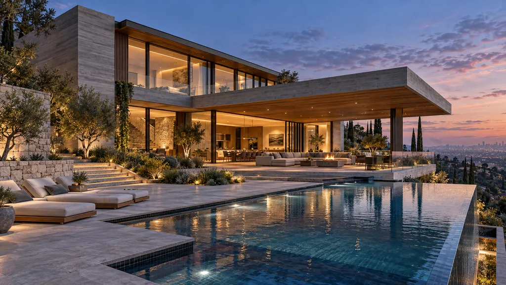 Architectural visualization of the ORION House concept: a two-story concrete and bronze hillside residence with timber soffits, terraced gardens and an infinity-edge pool at dusk.