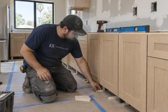 An installer kneeling to shim and level a run of oak kitchen cabinets