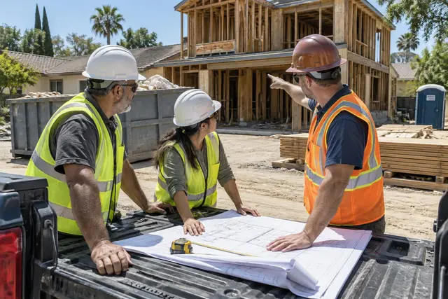 Three people in hard hats and safety vests reviewing drawings on a truck tailgate near a framed house