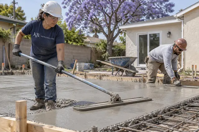 Two workers finishing a freshly poured concrete slab inside wood forms in a backyard
