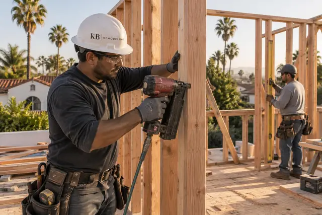 A carpenter fastening wood framing while a second worker checks it with a level