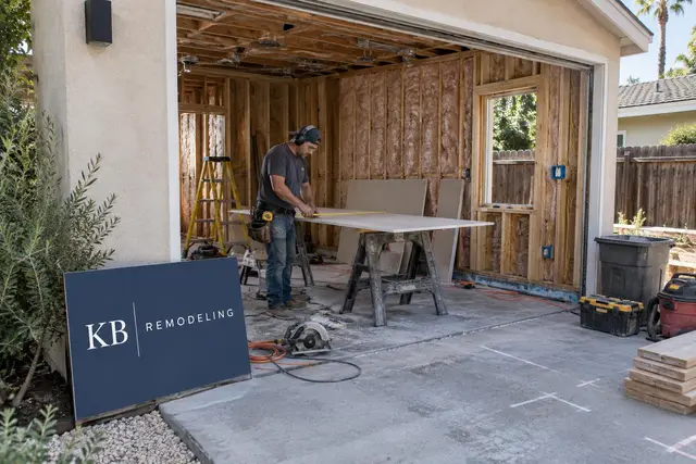 A worker measuring drywall inside a garage being converted, with insulated walls and a new window opening