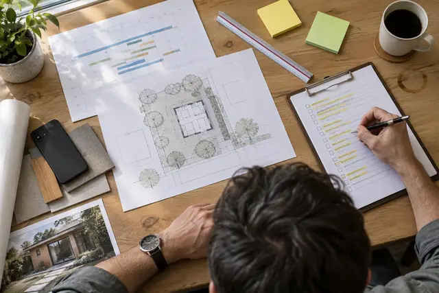 Overhead view of a desk with a printed site plan, a schedule and a checklist being marked