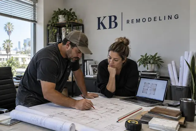 Two people reviewing a large printed floor plan with a pencil in a small office
