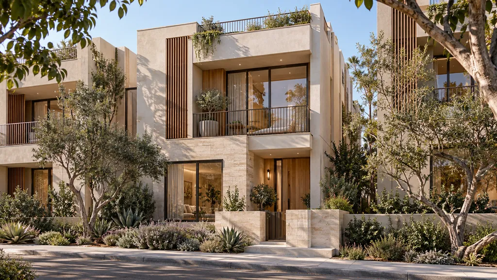 Architectural visualization of the SORA Townhouse concept: an off-white townhouse with a pale limestone base, cedar screens, recessed balconies and a planted rooftop terrace on a tree-lined street.